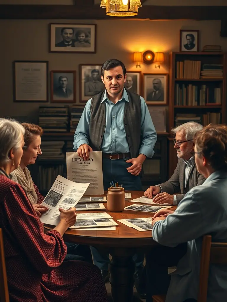 Un conférencier devant un petit public assis, présentant des documents anciens et des photos historiques de Fussy, dans une ambiance conviviale et studieuse.