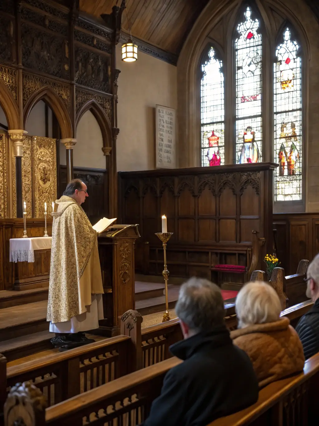 Photo d’une conférence animée par un historien local, avec un public attentif assis dans la nef de l’église, des panneaux explicatifs en arrière-plan.