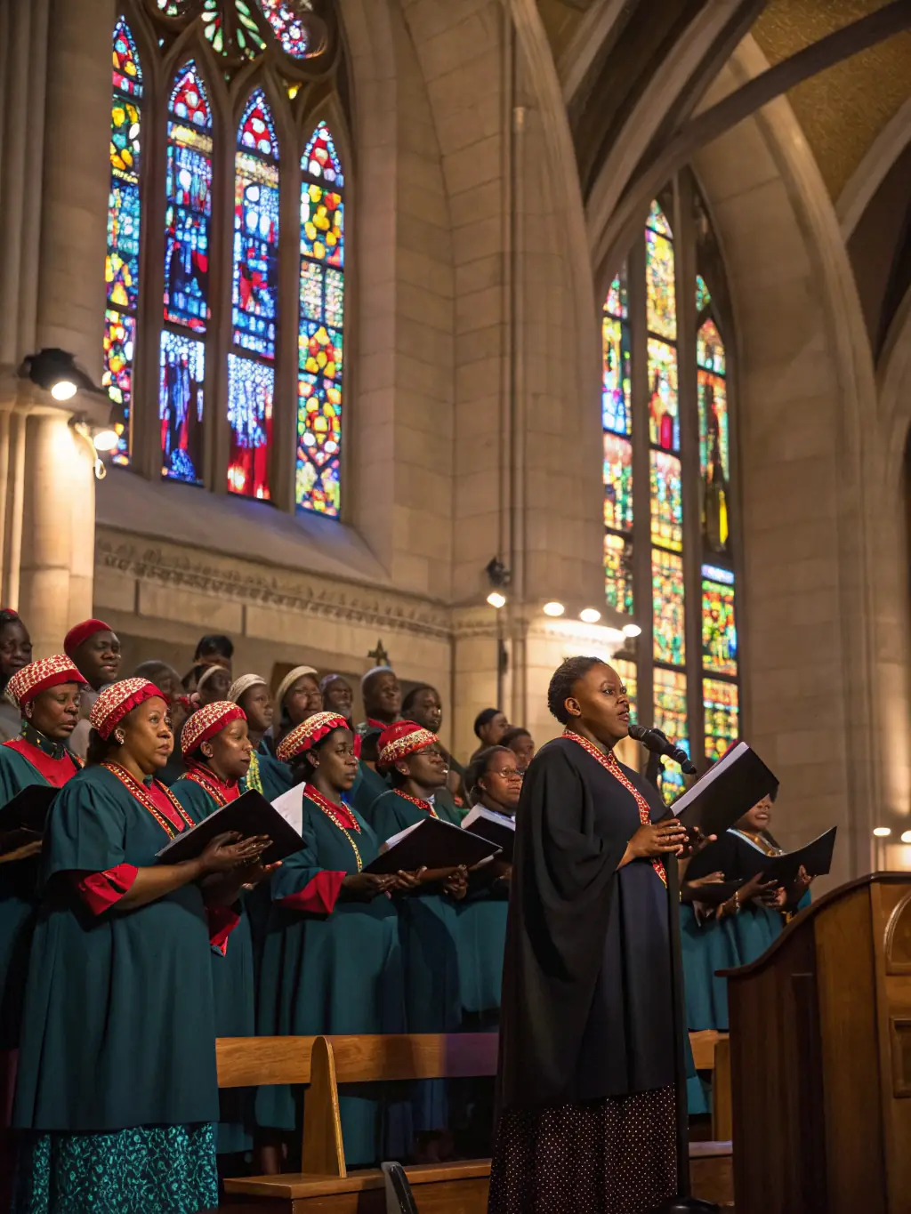 Image d’une chorale locale chantant lors d’un concert caritatif dans l’église, éclairée par la lumière naturelle, avec des spectateurs de tous âges.