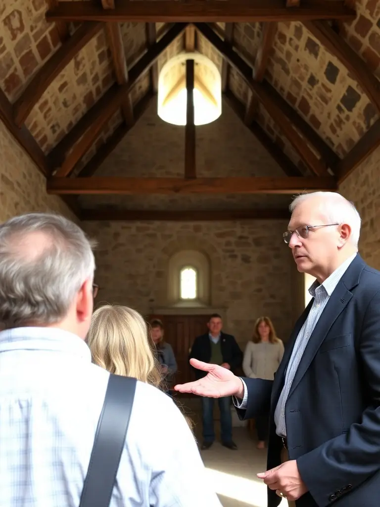 A group of adults and children attentively listening to a guide inside the historic Saint Hilaire church, with stained glass windows and Romanesque arches visible, illustrating a guided tour in progress.