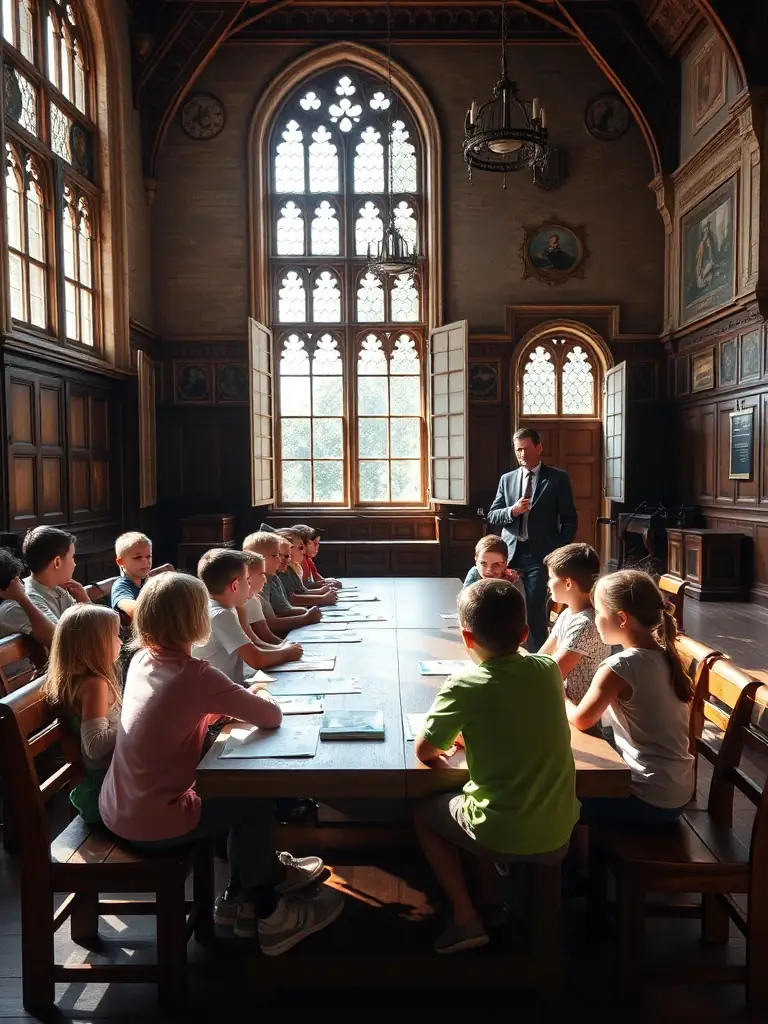 A group of children and adults attentively listening to a guide inside the historic Saint Hilaire church, with stained glass windows and ancient stone walls in the background, illustrating an educational tour.