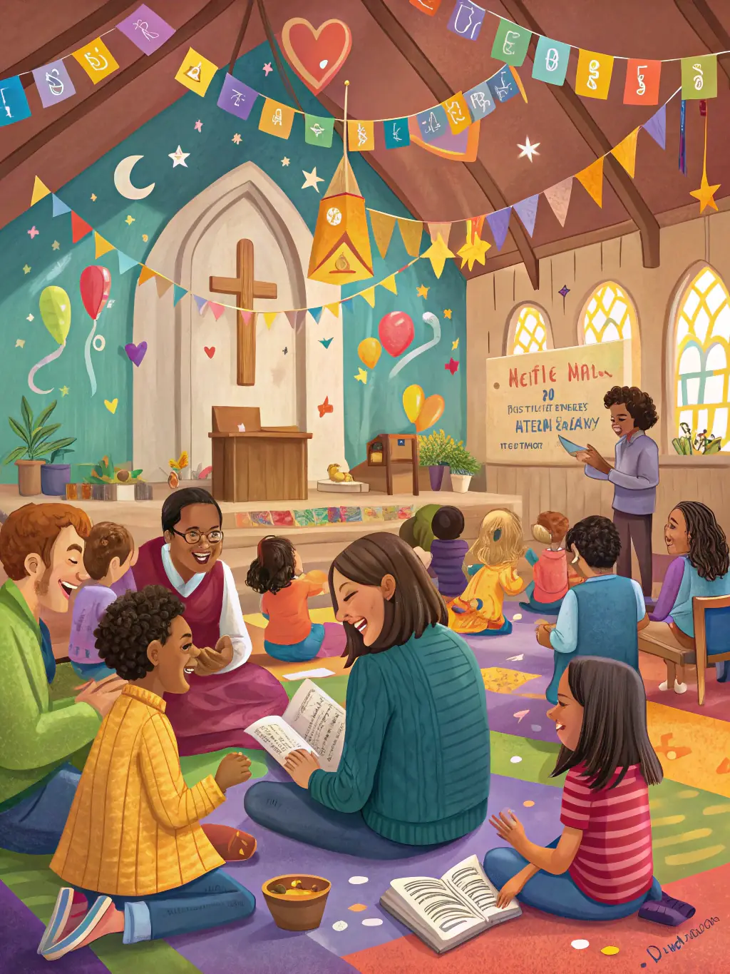 Image d’un atelier intergénérationnel où des enfants peignent des vitraux sur papier, accompagnés de bénévoles de l’association dans une salle lumineuse attenante à l’église.