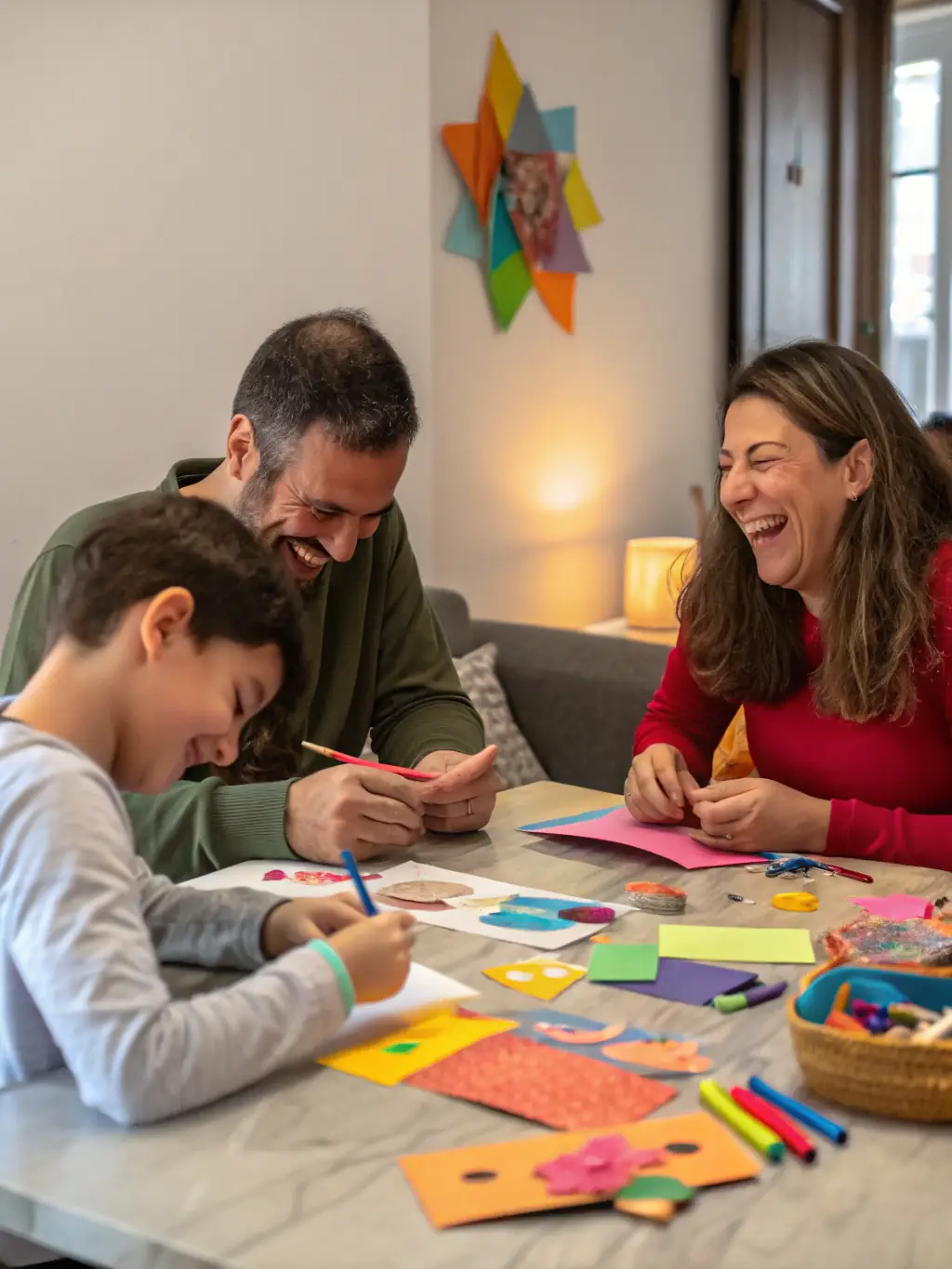 Des enfants et des familles participant à un atelier créatif autour d’une grande table, manipulant des matériaux artistiques dans une salle lumineuse attenante à l’église.