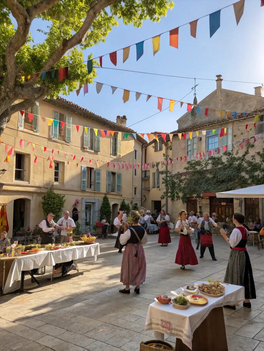 A festive outdoor gathering in front of the church, with families sharing food, musicians playing, and colorful banners celebrating a community event.