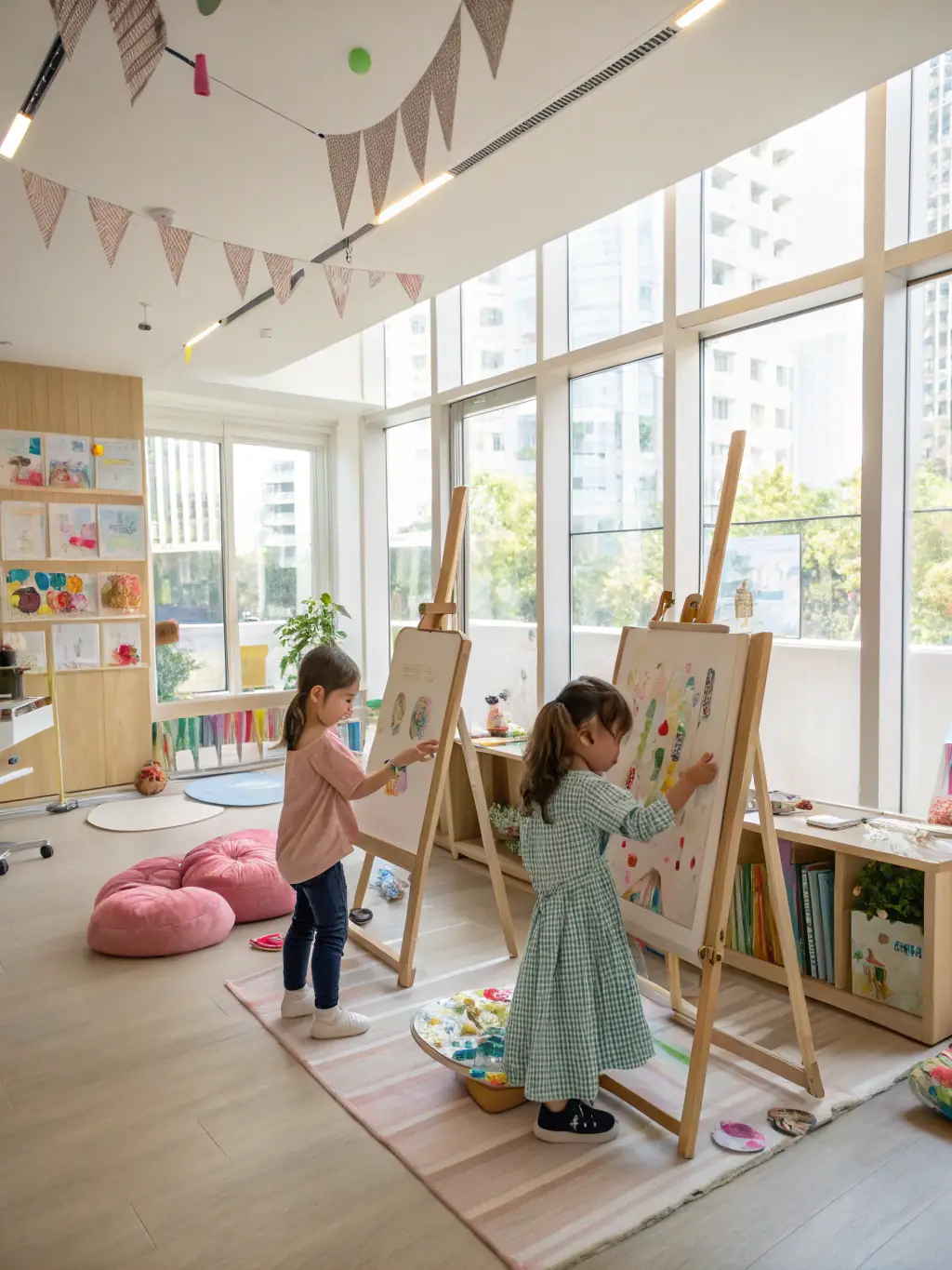 A lively workshop scene with children painting and crafting at tables, supervised by volunteers, set in a bright community room decorated with art inspired by the church.