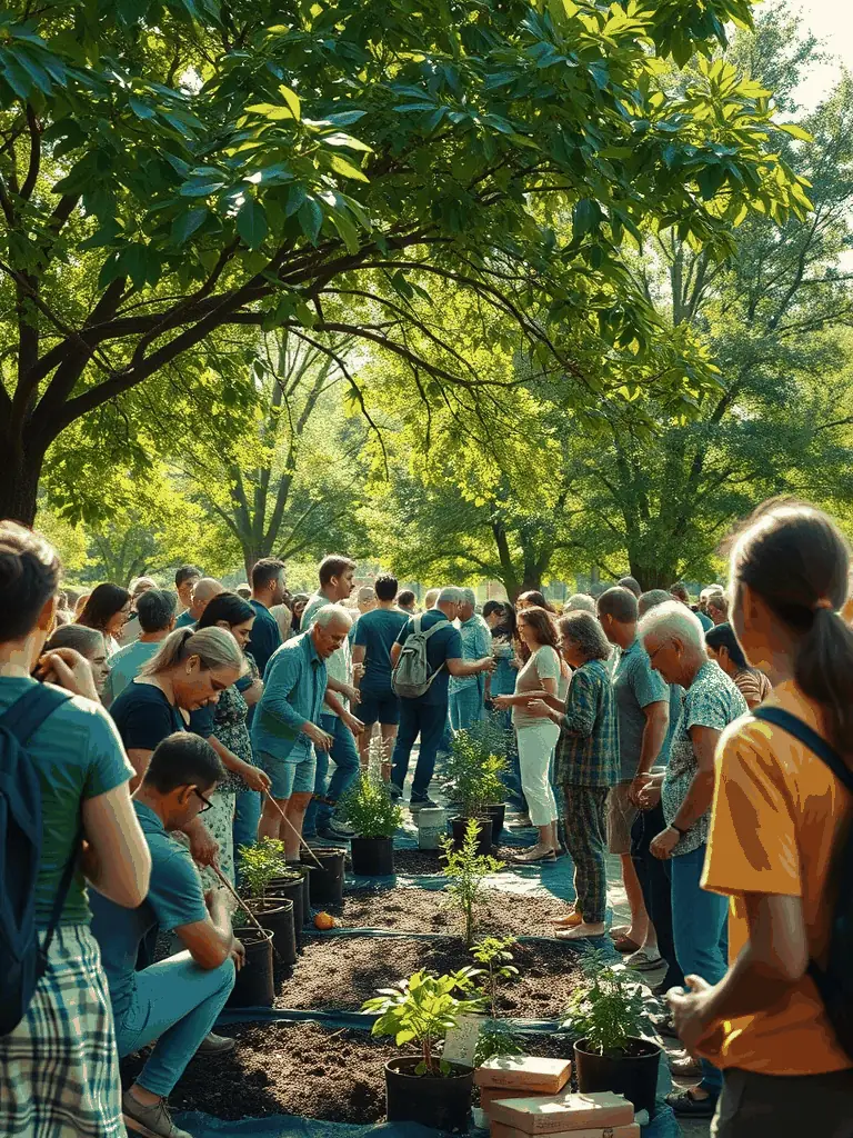 Des habitants de différentes générations réunis dans le jardin de l’église, partageant un moment convivial lors d’un événement communautaire en plein air.