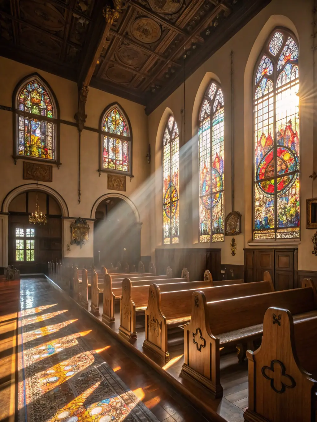 Photographie d'un groupe d'enfants et d'adultes écoutant un guide lors d'une visite guidée à l'intérieur de l'église Saint Hilaire, mettant en valeur les vitraux et l'architecture historique.