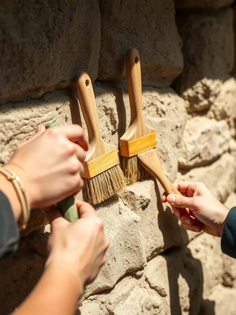 A volunteer team restoring a stone wall of the church, using traditional tools, with close-up focus on their hands and the craftsmanship involved.